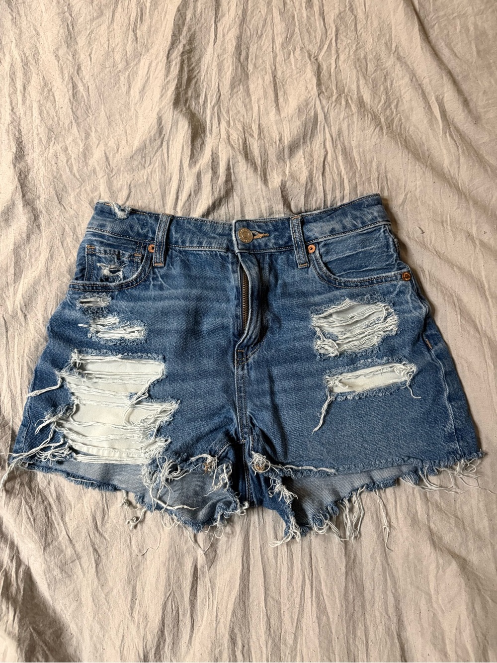 american eagle women girls High-Rise Distressed Denim Shorts - Blue sz 000